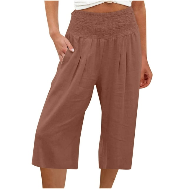 Pantalon Capri à Enfiler pour Femmes Pantalon Court Jambe Échancrée Taille Régulière Polyester Coton Lin Pantalon Capri Pantalon Capri pour Dames Style C-20 Café m