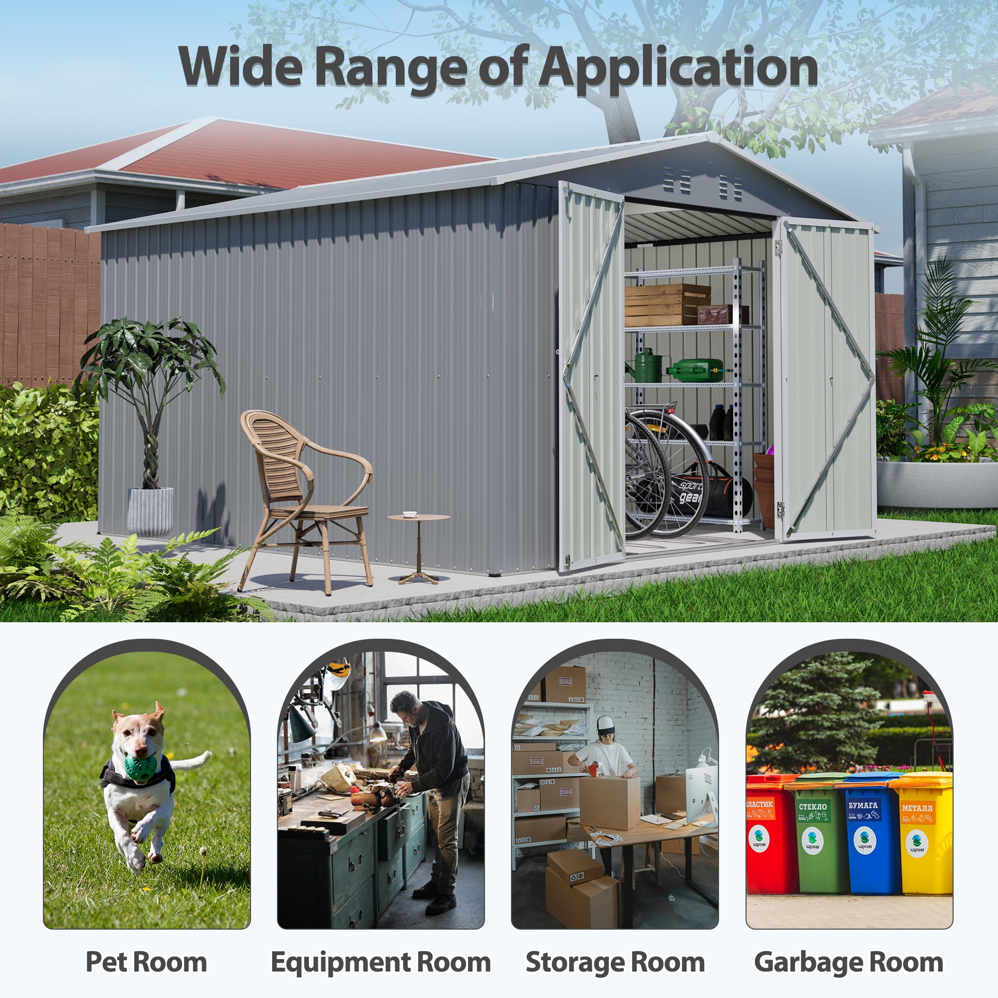 10x10 Ft Outdoor Storage Shed with Floor Frame, Metal Garden Tool Shed with Lockable Doors, Ideal for Backyard Garden Patio Lawn, Grey