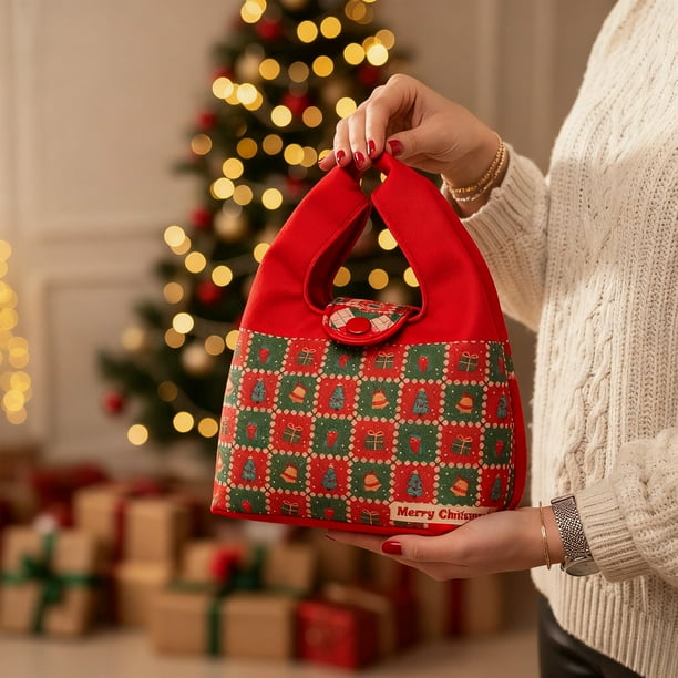 Bolsa de regalo navideña de lona | Bolsa de mano con asa resistente | Bolsa para envolver regalos navideños en rojo y verde | Bolsa reutilizable de tela para dulces navideños | Almacenamiento de