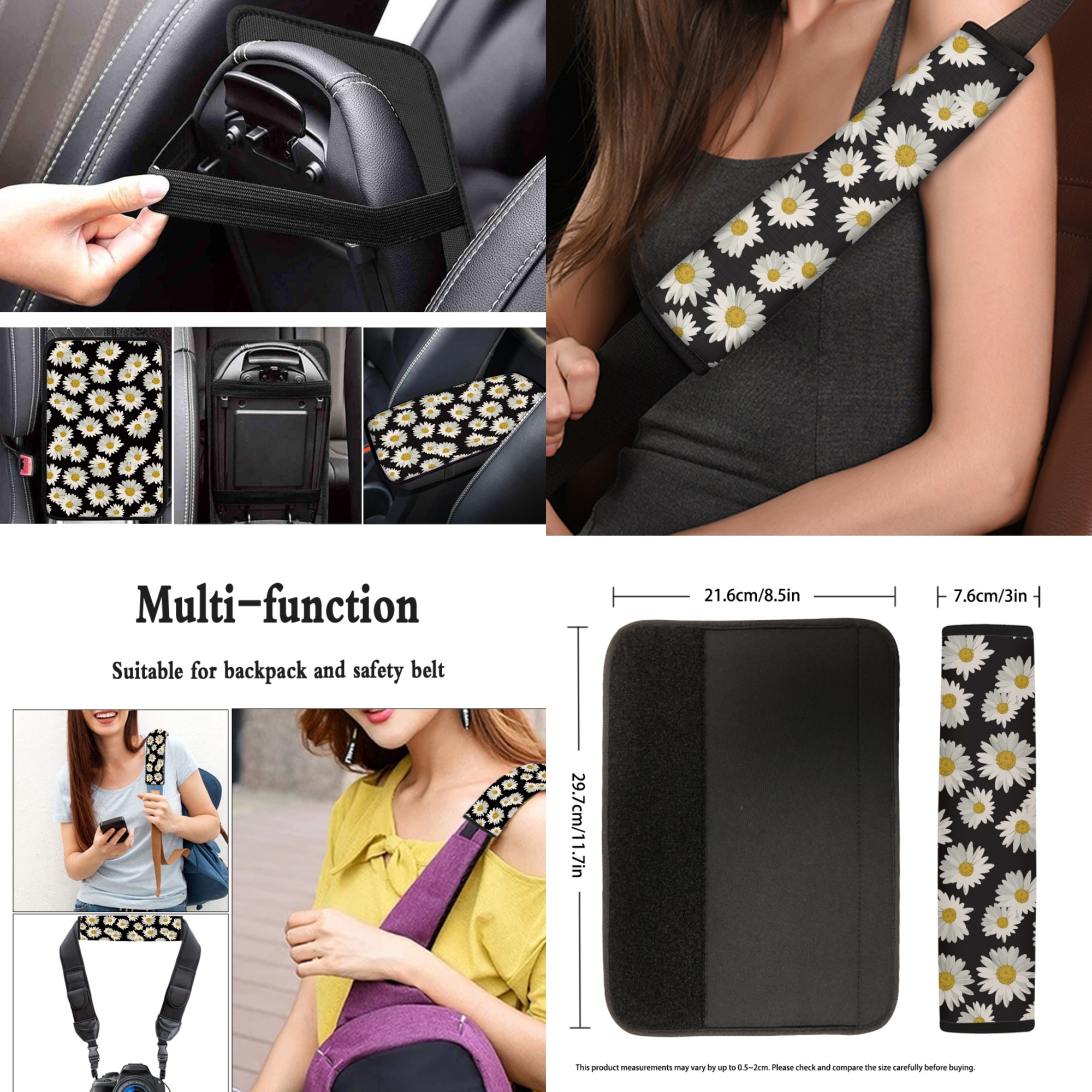 Jeiento Daisy Car Seat Cover Full Set 13 Pcs Auto Interior Accessories with Steering Wheel Cover, Seat Belt Pads, Armrest Cushion, Coasters, Keychain Gifts for Friends