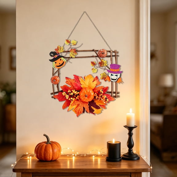 Fall Front Door Floral Swag, Artificial Thanksgiving Maple Leaves Door Hanging with Daisy Pumpkin, Autumn Harvest Twigs Swag Wreath for Farmhouse Mantel Wall Indoor Outdoor Home Decor