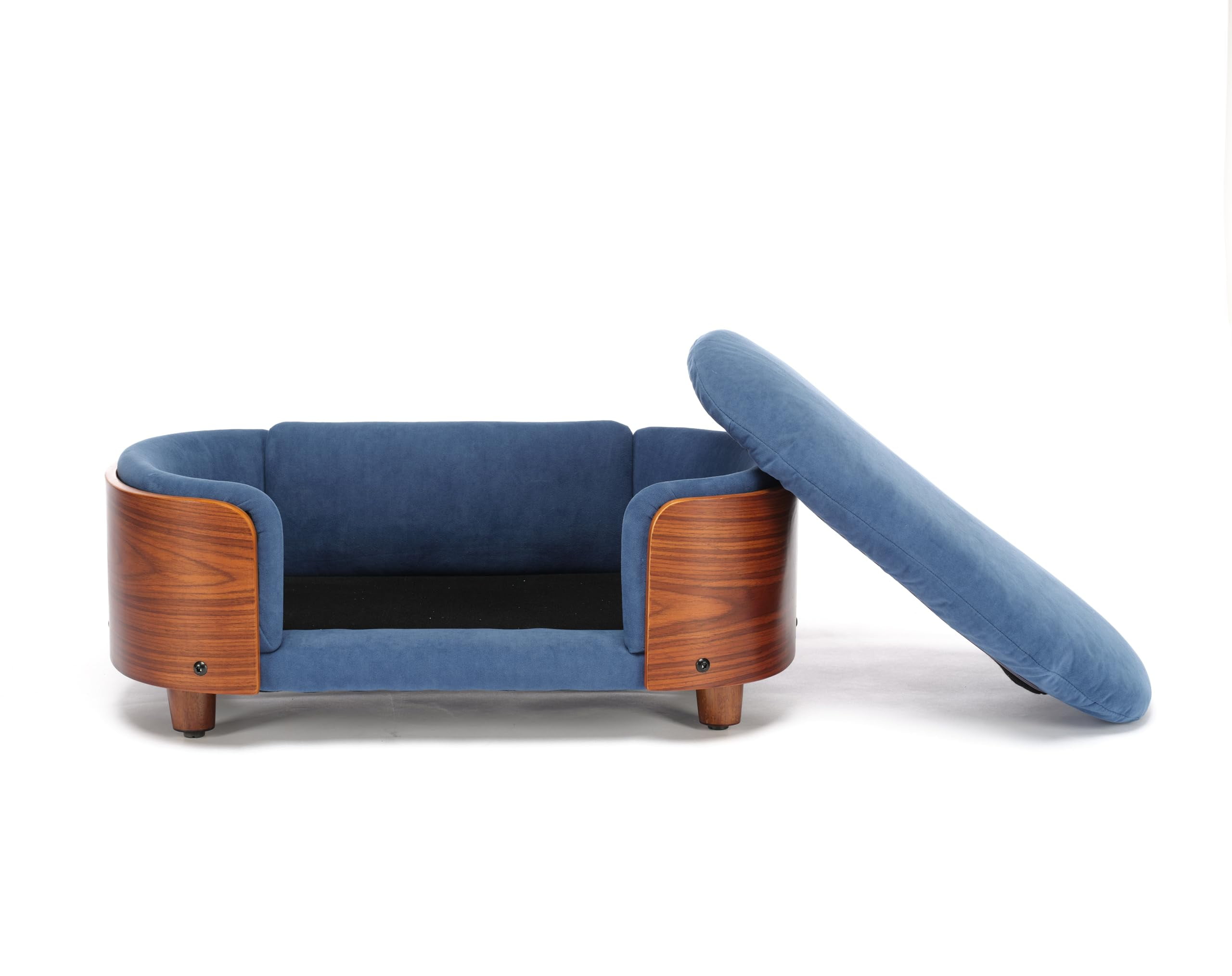 Scandinavian Style Elevated Dog Bed Pet Sofa with Solid Wood Legs and Bent Wood Back, Velvet Cushion, Small Size, Walnut Frame & Dark Blue Cushion