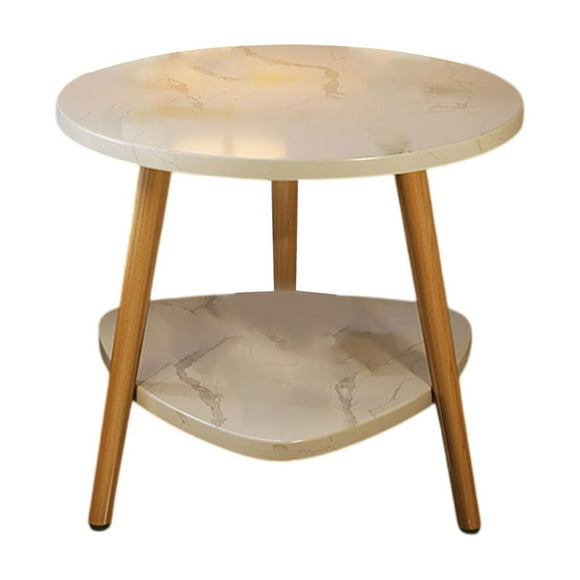 Gray Marble Pattern Round Side Table With Double Shelf Gray Finish Small Coffee Table For Bedroom Living Room #66w77