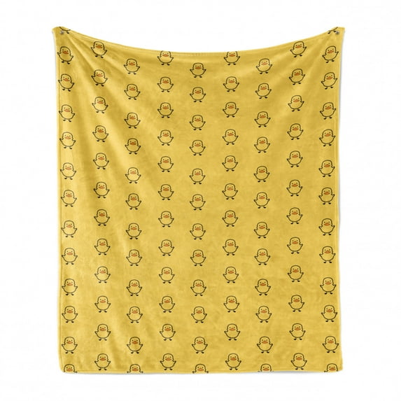 Yellow Bird Soft Flannel Fleece Throw Blanket, Repeating Animal Pattern of Simple Outline Tiny Baby Ducks, Cozy Plush for Indoor and Outdoor Use, 70" x 90", Mustard Apricot, by Ambesonne
