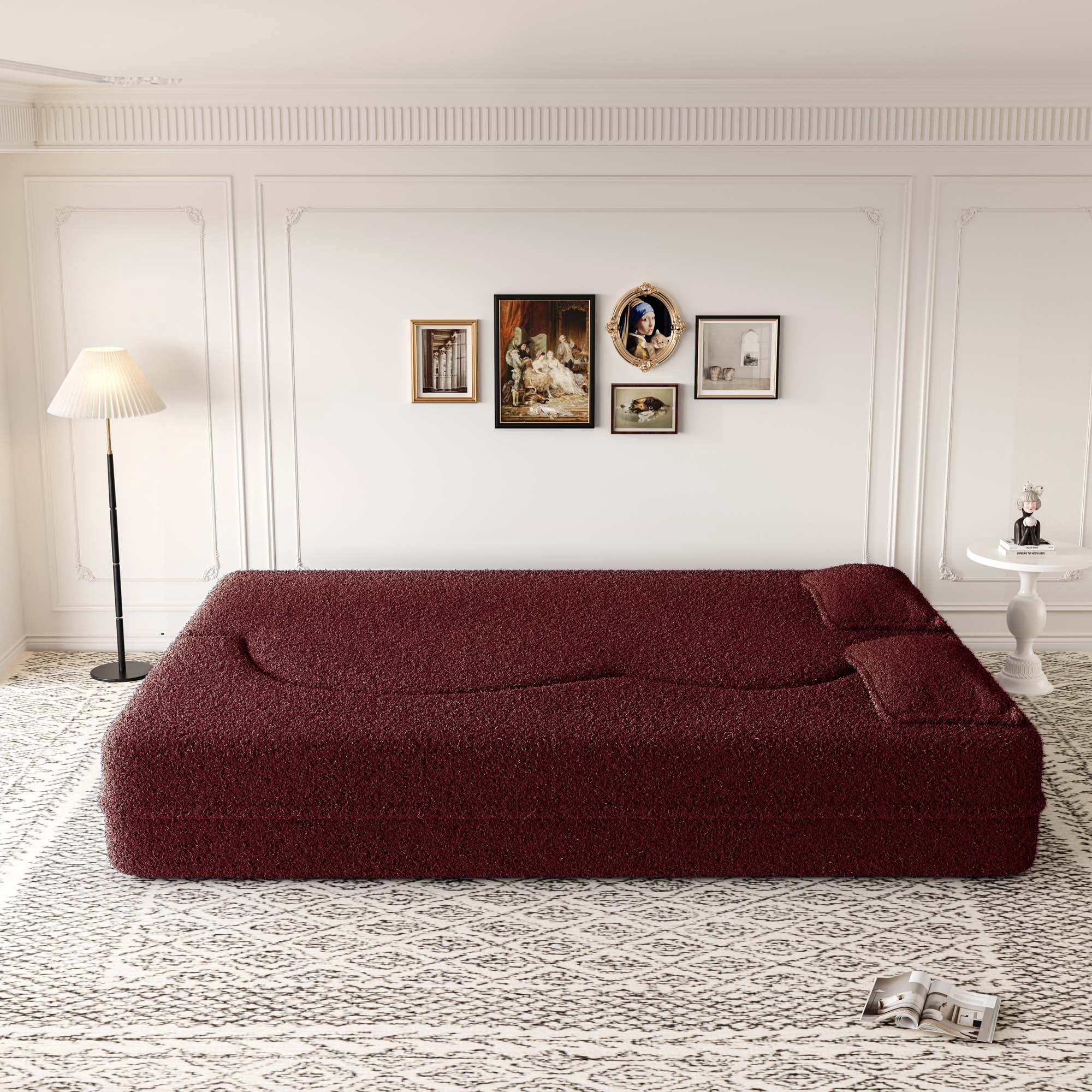 Miniyam Floor Sofa with 2 Pillows,Convertible Teddy Fabric Foam-Filled Sleeper Sofa Bed for Living Room,Guest Bed, Burgundy