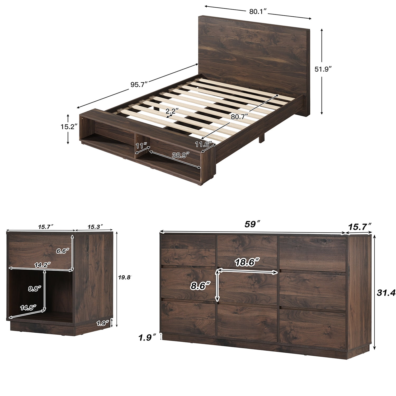 Kadyn 3 Pieces Walnut Bedroom Sets King Size Platform Bed, Queen Bed with Storage Bench, Solid Wood Nightstand and 9-Drawer Dresser for Bedroom Kadyn 3 Pieces Walnut Bedroom Sets King Size Platform Bed, Queen Bed with Storage Bench, Solid Wood Nightstand and 9-Drawer Dresser for Bedroom