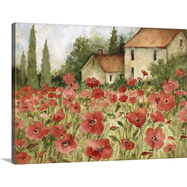 Cuadro decorativo lienzo panorámico acuarela campo de amapolas rojas casa rural cipreses altos paisaje provenzal suave rústico floral, decoración sala dormitorio cocina estilo boho francés mexicano