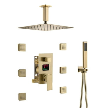 Grolta brushed gold ceiling mount 16 inch  rainfall 3 way digital display shower system with body jets - 7'6" x 10'9"