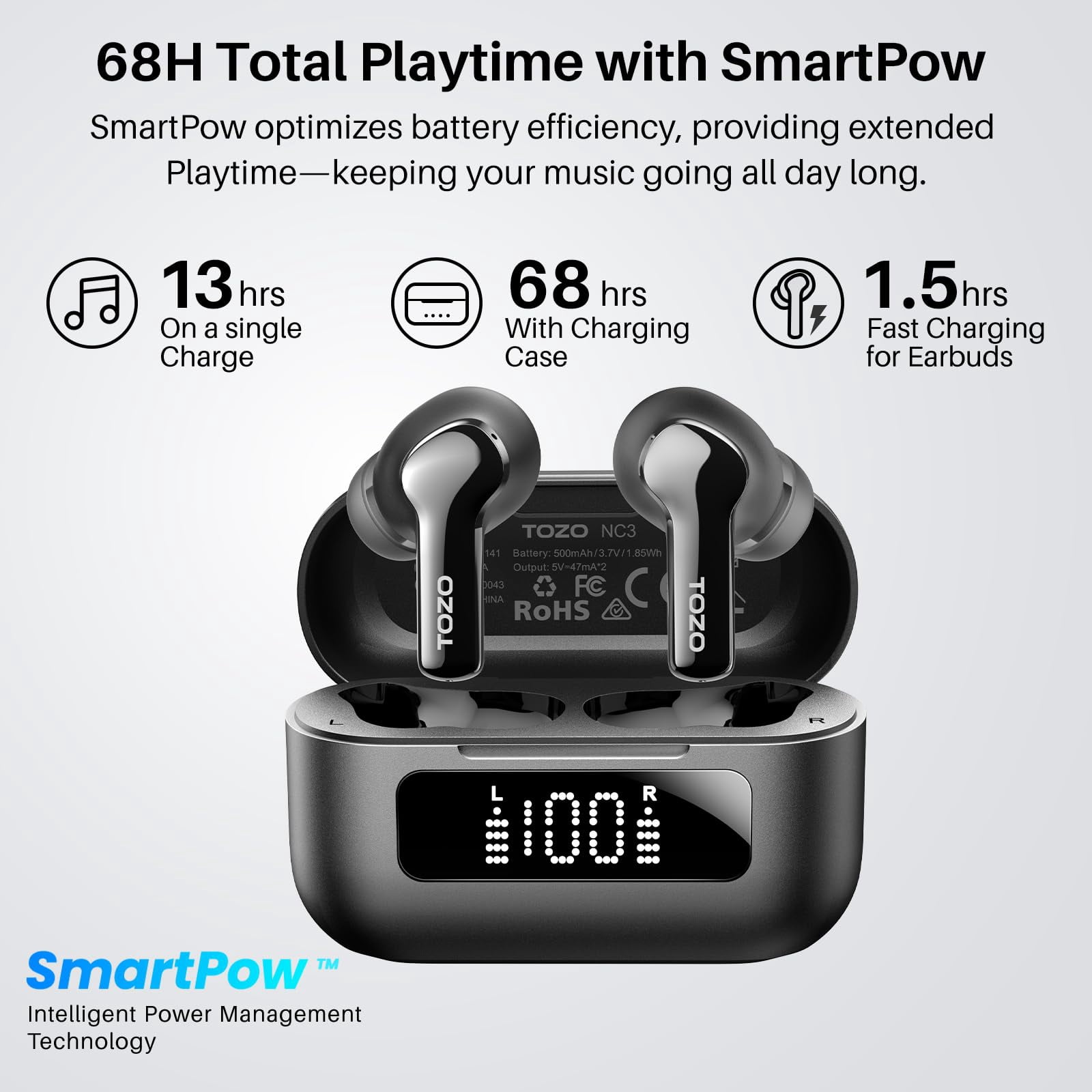 TOZO Hybrid ANC Bluetooth 5.3 Wireless Earbuds, 6 Mics, 55H Playtime, LED Display, Deep Bass, IPX8 Waterproof, Black