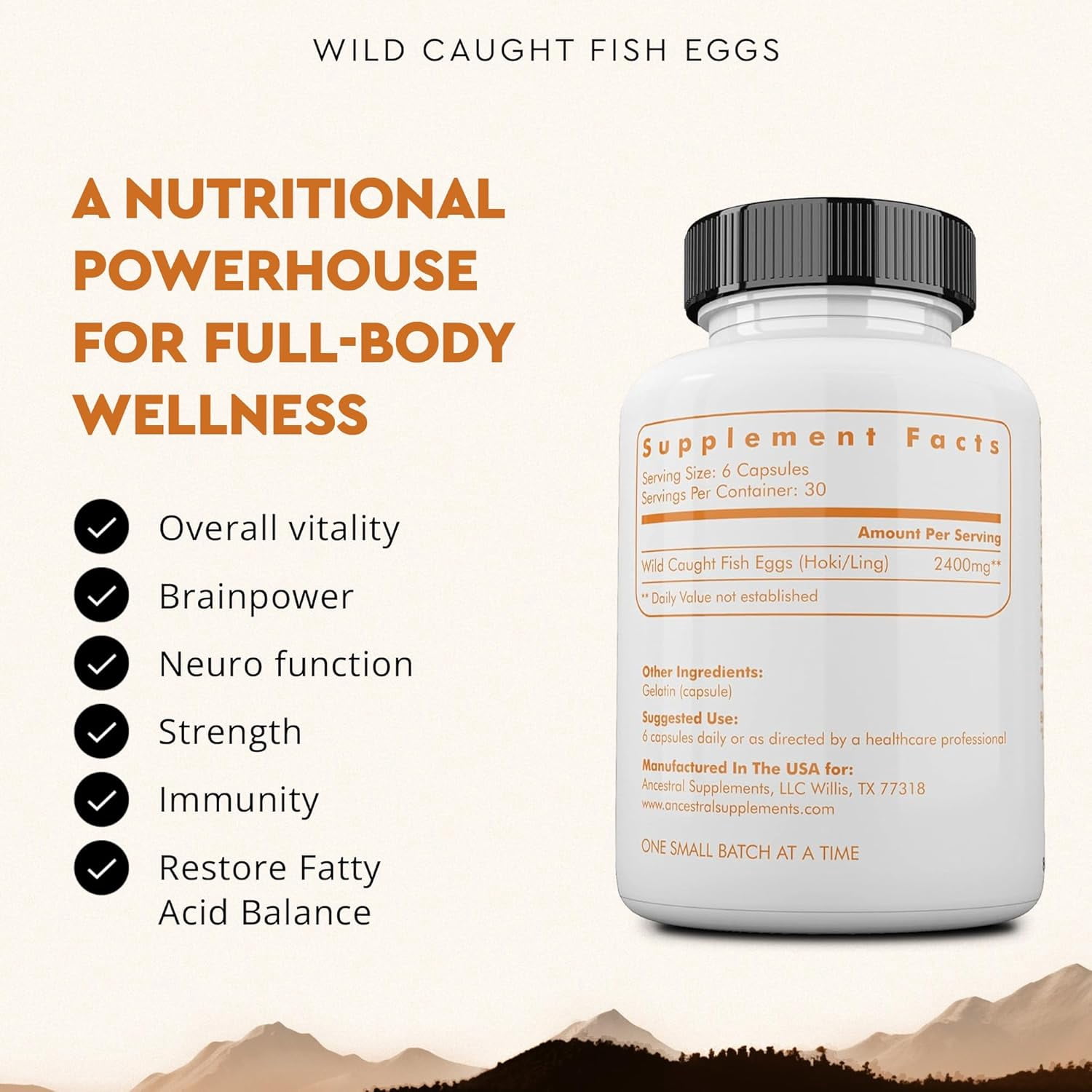 Ancestral Supplements Wild Caught Fish Eggs,  Omega-3 Supplement for Brain, Heart, Fertility and Inflammatory Health, Whole Food Source of Vitamin D, K2, and A, Non-GMO, 2400mg, 180 Capsules