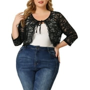 MODA NOVA Juniors' Plus Size Cardigan 3/4 Sleeve Floral Lace Tie Neck Crop Shrug Black 5X