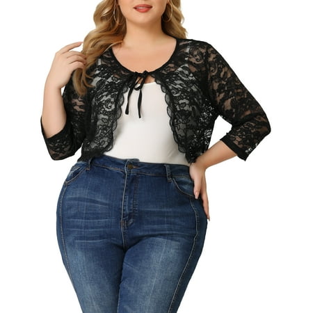 MODA NOVA Juniors' Plus Size Cardigan 3/4 Sleeve Floral Lace Tie Neck Crop Shrug Black 3X