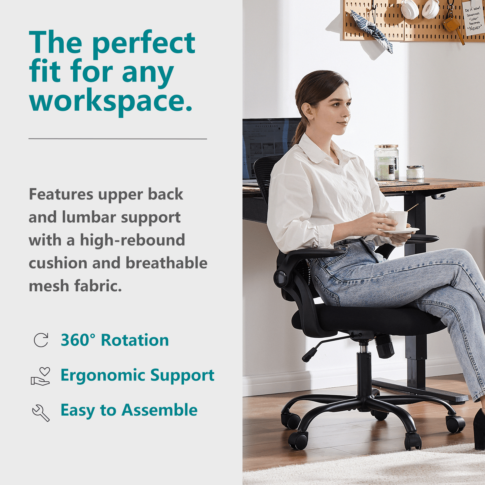 MAYEERTY Ergonomic Office Chair for Standing Desk with Adjustable Height, Computer Desk Chairs, Movable Armrest, Black