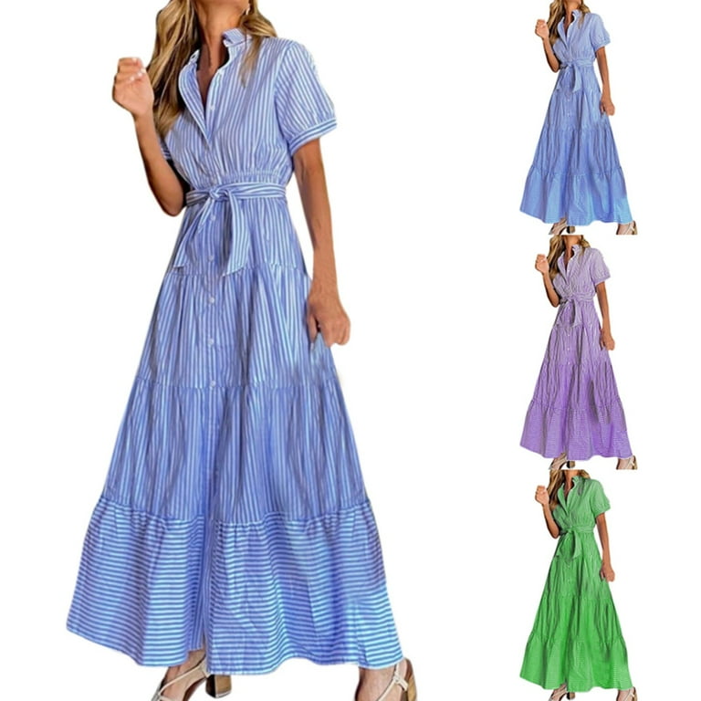 Casual Striped Print With Belt Turndown Collar Sleeveless Dress Dresses Casual Striped Print With Belt Turndown Collar Sleeveless Dress Dresses