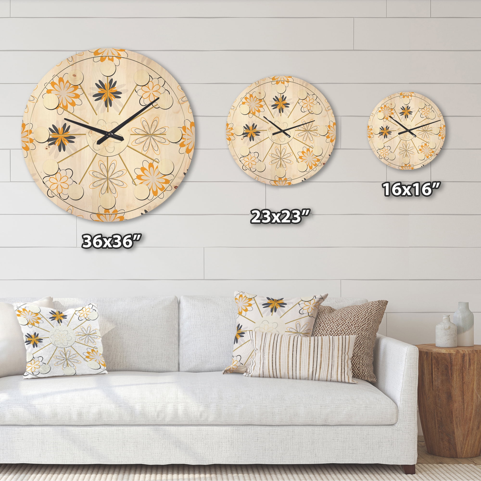 Designart 'Floral Retro Pattern VIII' Mid-Century Modern Wood Wall Clock