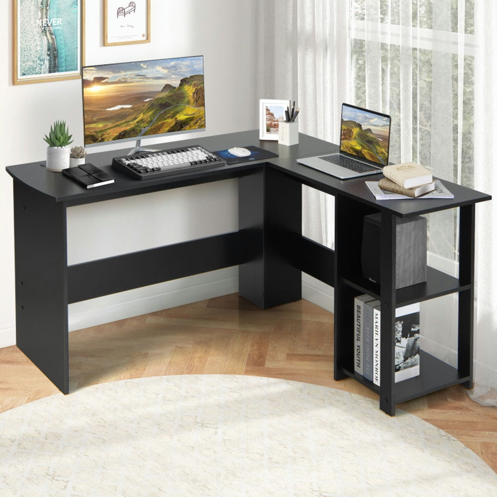 Demi Bonn L Shaped Corner Computer Desk with Storage Shelves, Small Home Office Desk Study Writing Table, Black