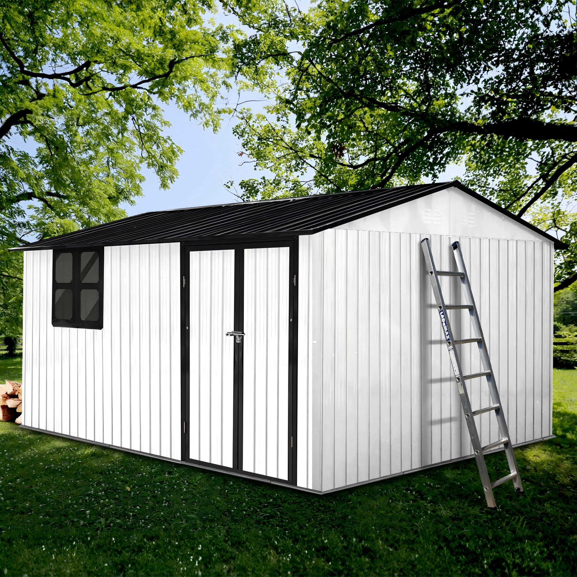 Aukfa 10 x 12FT Outdoor Storage Shed with Lockable Door, Metal Garden Tool Shed with Window & Sloped Roof for Backyard, Patio and Backyard, White/Black