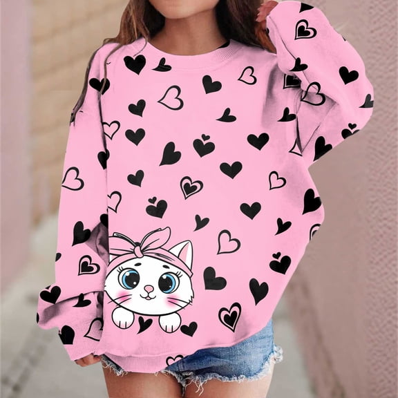 Girls Sweatshirt Girls Cat Heart Print Crew Neck Long Sleeve Pullover Hoodless Top Hot Pink 4-5 Years