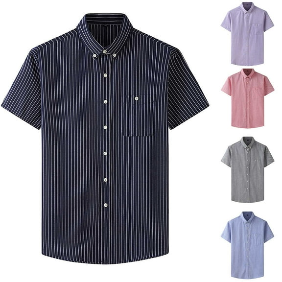 DDAPJ pyju Big and Tall Casual Button Down Shirts for Men Cotton Short Sleeve Striped Shirt Regular Fit Summer Dress Shirts with Pocket Sales Today Clearance Purple XXXXL