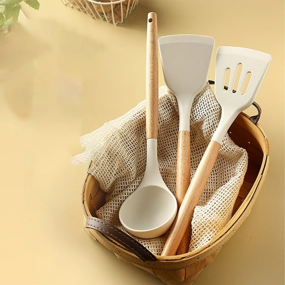 3-Piece Silicone Kitchen Utensil Set with Wooden Handle | Non-Stick Heat Resistant Spatula & Soup Ladle | Dishwasher Safe Cooking Tools for Baking & Frying