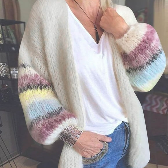 IMENGL Loose striped mohair cardigan knitted coat round neck long sleeve, White L, Size M-XL