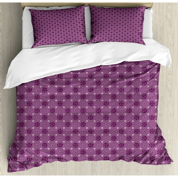 Muted Colors Duvet Cover Set King Size, Romantic Pattern with Abstract Petals Swirls, Decorative 3 Piece Bedding Set with 2 Pillow Shams, Pale Purple Pale Mauve and Plum, by Ambesonne