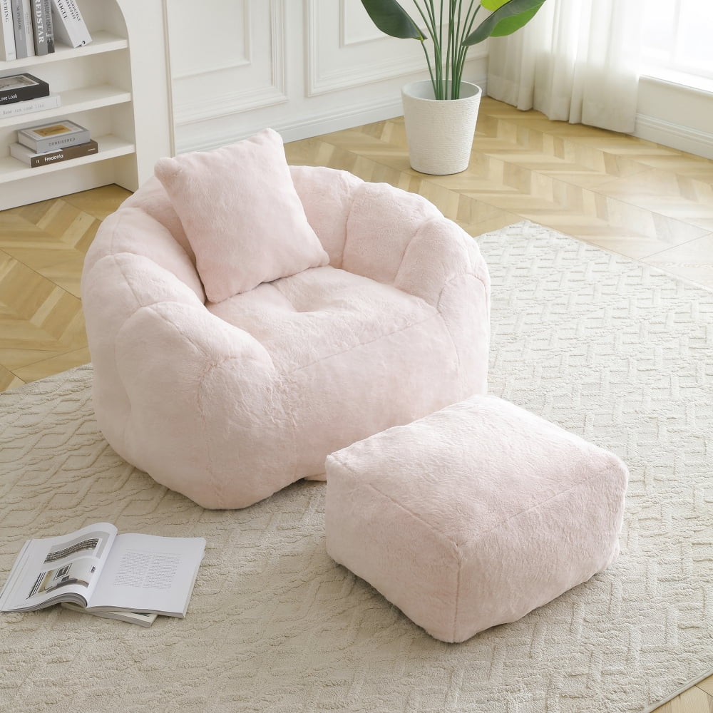 Giant Oversized Bean Bag Chair with Footstool - Faux Fur Shell-Shaped, Pre-Filled for Adults & Kids, Floor Sofa for Gaming, Reading, Living Room & Bedroom