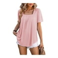 thumbnail image 3 of SHIBEVER Women Summer Tops Casual Square Neck Loose Short Sleeve Tshirt Loose Solid Color Shirts Pleated Ladies Blouses Cute Pink Tee Size S, 3 of 6