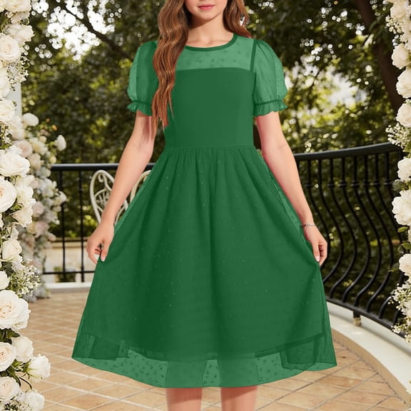 CIAKGIAF Big Girls Dresses Summer Mesh Fluffy Puff Sleeve Casual Polka Dot Comfortable Round Neck Short Sleeves Dresses Army Green for 5-16Y