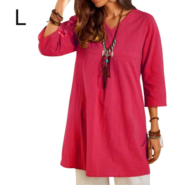 Femmes Robe V Cou Été Vêtements Coton Lin Robe Décontractée Robe de Couleur Unie, Rouge, L