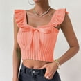 thumbnail image 4 of Women Top Bow Knot Front Neck Sleeveless Top Ruffle Rib Knit Slim Blouse Pure Color Blouse Dusty Pink M, 4 of 6