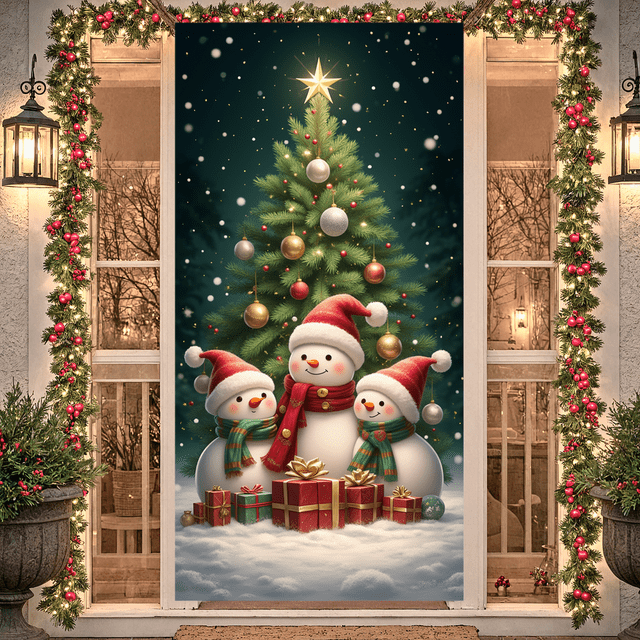 Snowman Banner Winter Welcome Decoration Christmas Snowflake Polyester Fabric Sign for Holiday Party Indoor Outdoor