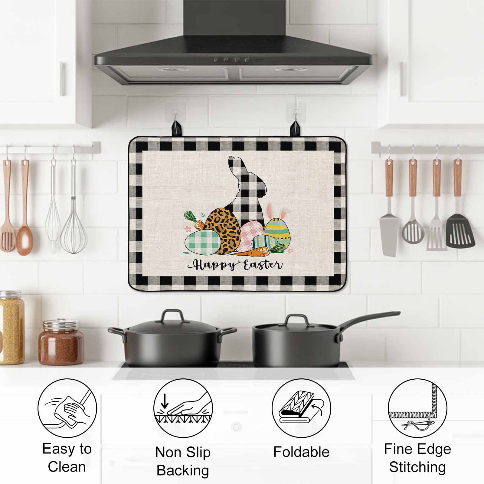Happy Easter Bunny Stove Top Cover for Electric Stove, Heat-proof & Non Slip Glass Top Stove Cover Protector, Floral Eggs Black White Buffalo Kitchen Flat Cooktop Rubber Mat 24x21 Inches