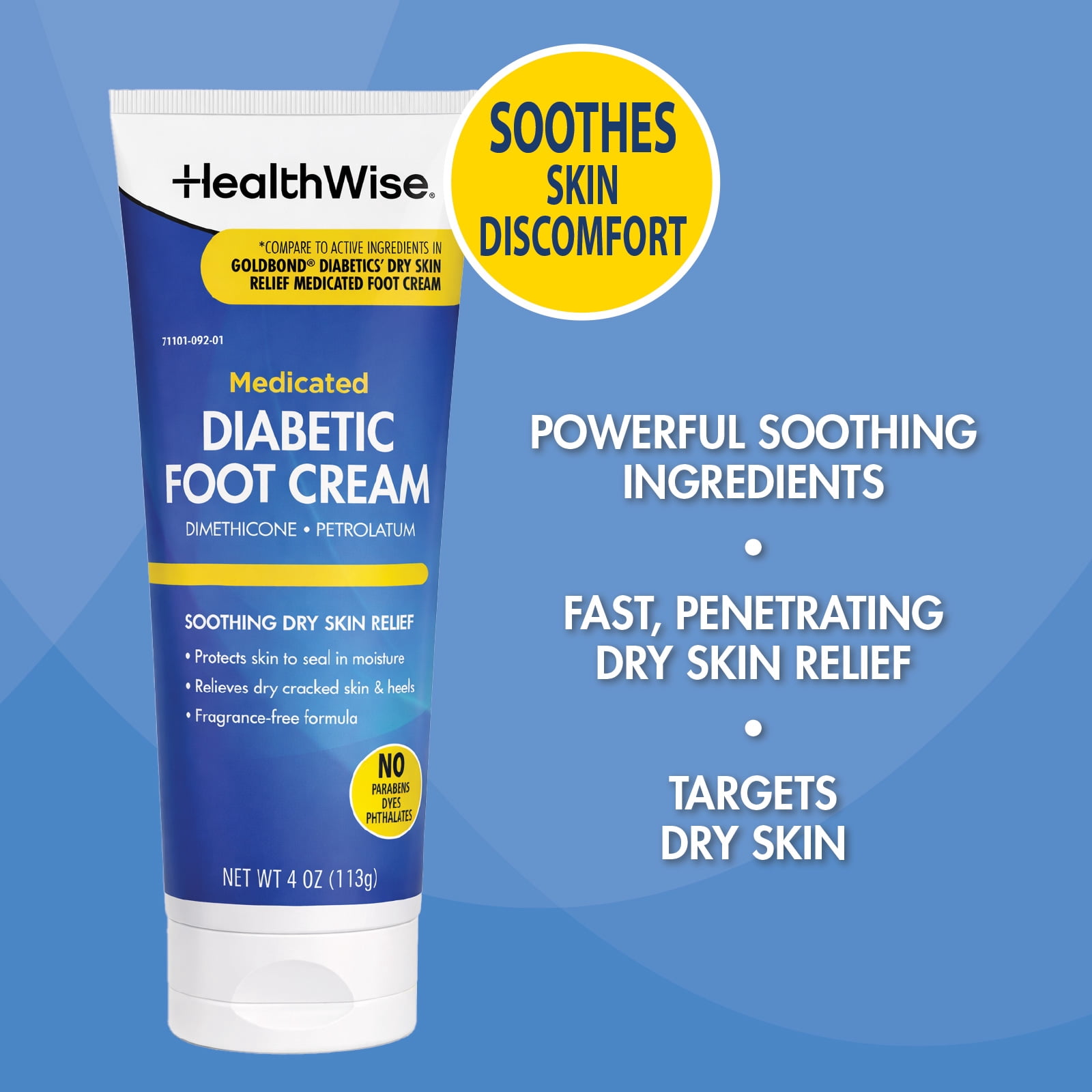 HealthWise Diabetic Foot Cream, 4 oz, Dimethicone + Petrolatum Skin Protectant, Softens Dry, Cracked Heels, Odor-Free, Paraben-Free