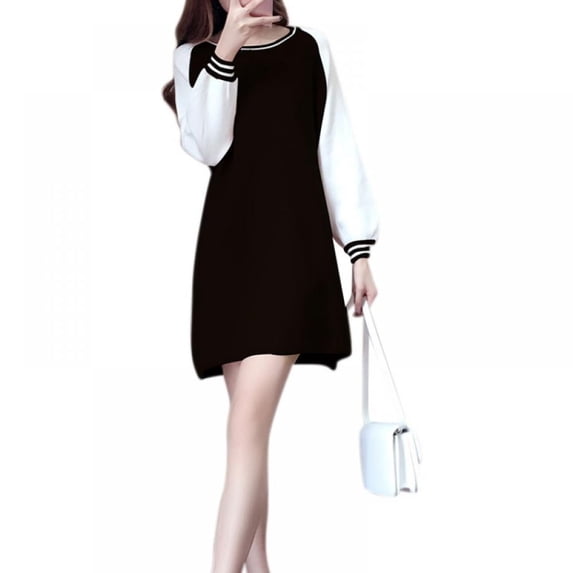 Fashion Women Casual O-Neck Dresses Casual Long Sleeve Loose Fit Solid Color Pullove Dress
