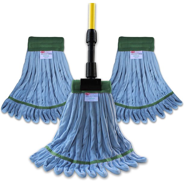 Microfiber Wet Mop Kit (3) Premium Blue Microfiber Wet Mops & (1) Fiberglass Wet Mop Handle