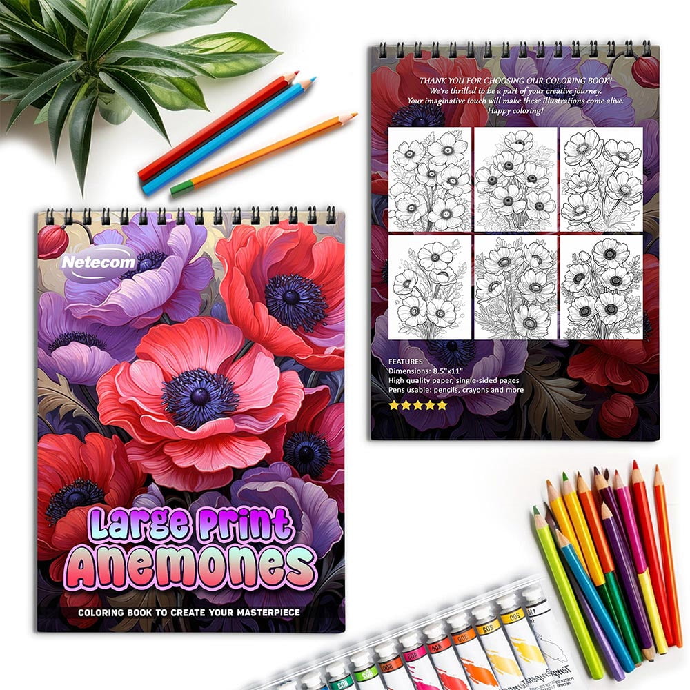 Netecom Large Print Anemones Coloring Book for Adults, Spiral Bound, Soft Cover