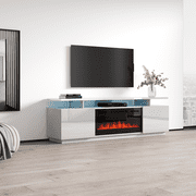 Eva-KBL Fireplace TV Stand for TVs up to 80, Modern High Gloss 71 Entertainment Center, Electric Fireplace TV Media Console with Storage Cabinets and LED Lights