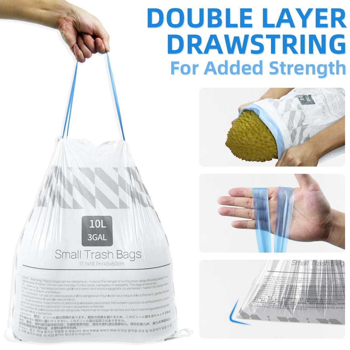 XUXRUS 3 Gallon Drawstring Plastic Bags,150 Count Small Garbage Bags for Kitchen Food Wast Bags,Durable Leak-Proof Bin Liners, Pre-Separated, Extra Thick, Fits 10-15L Bins