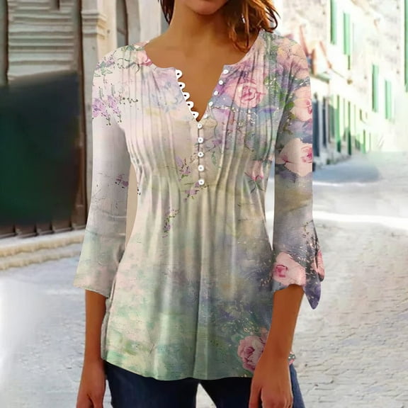 hxobax Women Vintage Floral Tunic Blouse Ruffle 3/4 Sleeve Tshirts V Neck Button Shirts Pleated Tops