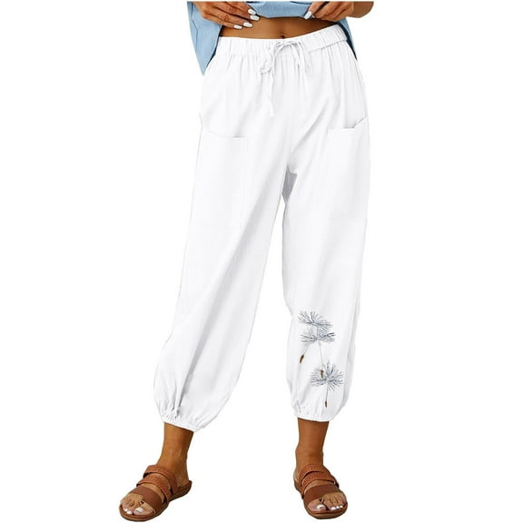 Ecqkame Linen Pants Women Loose Casual Printed Comfortable Breathable High Waist Drawstring Pants Capri Pants for Women White L