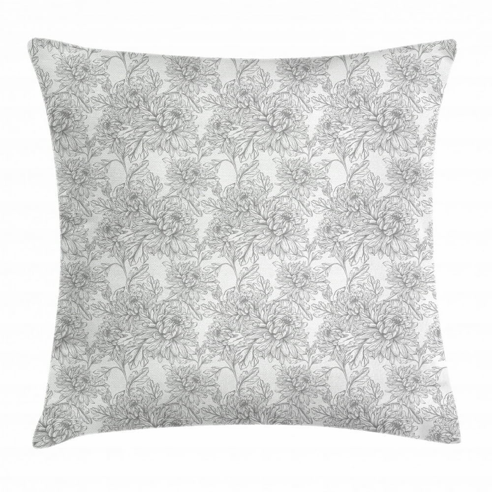 Grey and White Throw Pillow Cushion Cover, Vintage Chrysanthemum