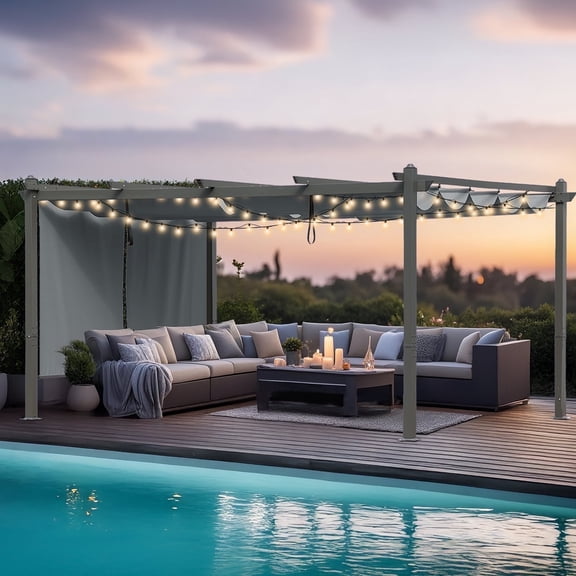 BPS 14' x 12' Outdoor Retractable Pergola with Canopy & 2 Roller Shades, Aluminum Patio Gazebo Shelter, Gray