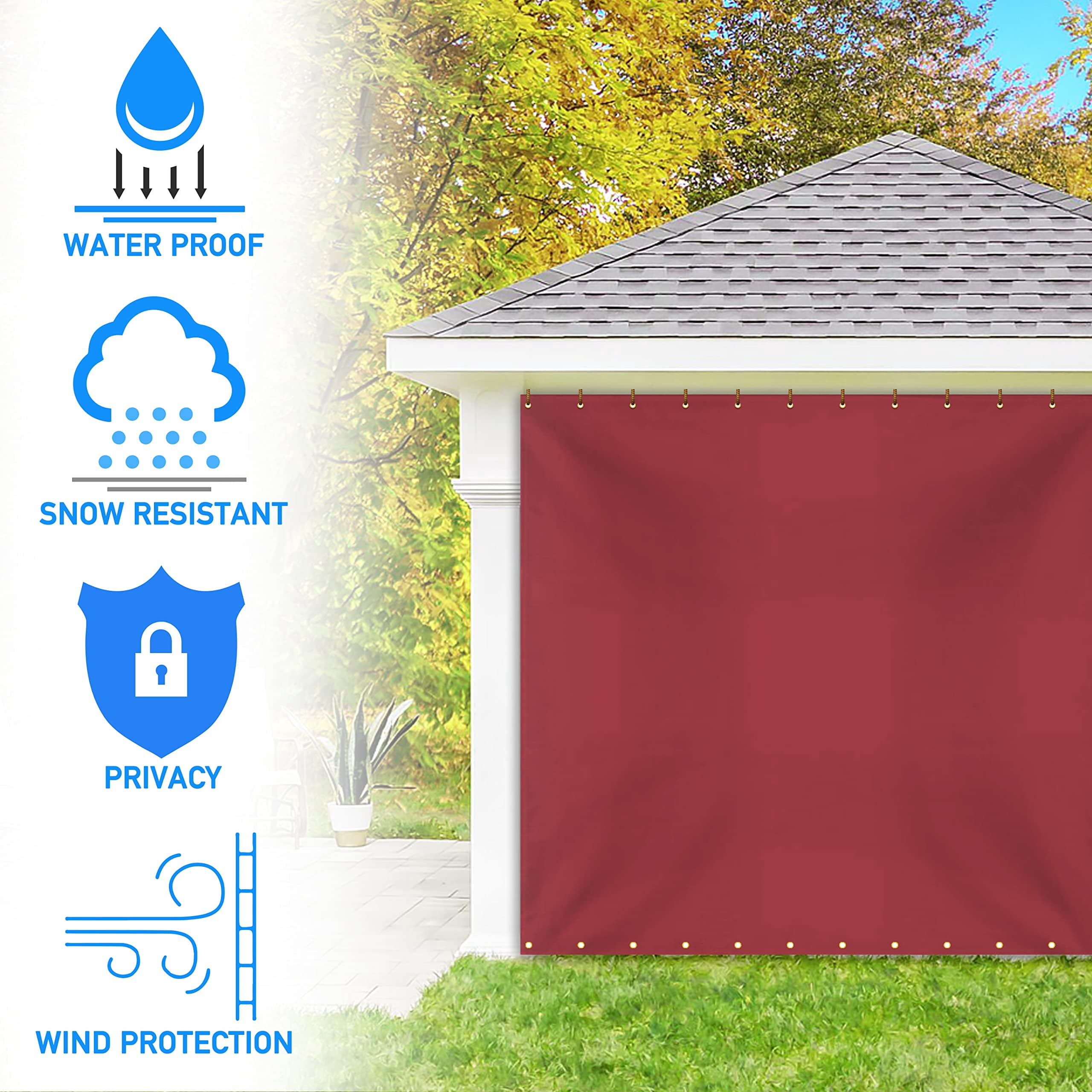 COVERS&ALL Outdoor Vinyl Curtain for Patio Furniture 18 Oz, Weather Resistant Patio Blackout Drapes for Dining Room Window with Rustproof Grommets for Pergola, Porch, Gazebos (10' H x 7' W, Red)