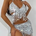 thumbnail image 3 of 1 Set Summer Bathing Suit Multi Tassels Solid Color Lace Up Halter Neck Low-cut Swimming Backless Shiny Sequins Lady Bikini Set Water Sports Clothes, 3 of 6