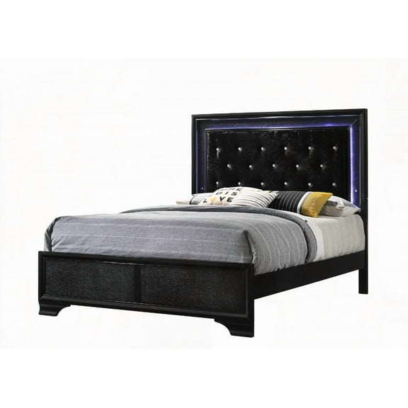 Modern Black Upholstered Queen LED Bed | Glam Style & LED Lights