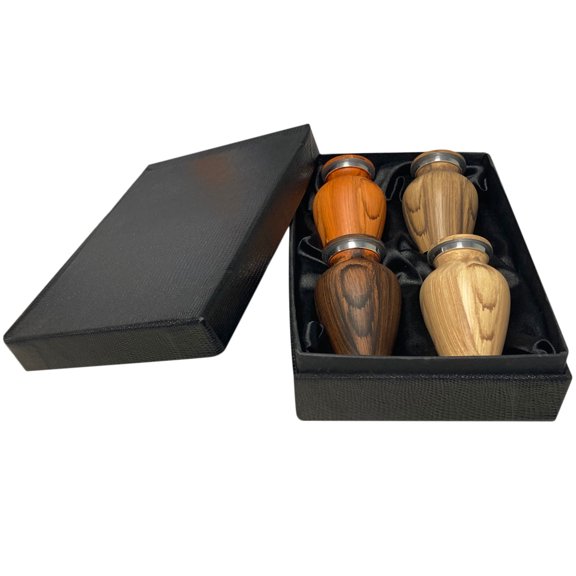 Mainely Urns 4-Pack of Wood Finish Keepsake Cremation Urns for Ashes - Aluminum Urns with Painted Wood Finish - 3 Cubic Inch Capacity [2.5 tablespoons of cremains] - For The Sharing of Ashes