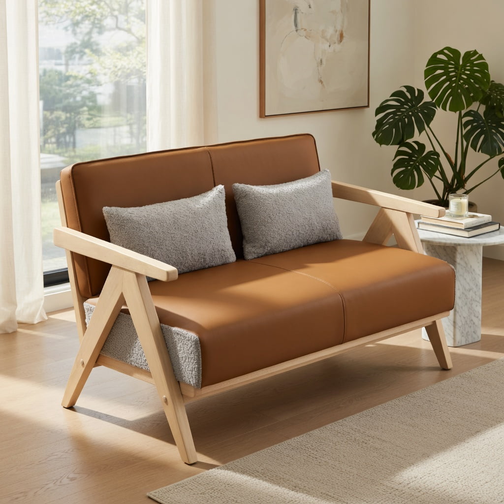 Hommoo 43" W Compact Loveseat Sofa, Chenille & Faux Leather, Rubber Wood Frame, Pocket Spring Cushion, 500 lb Capacity, Brown