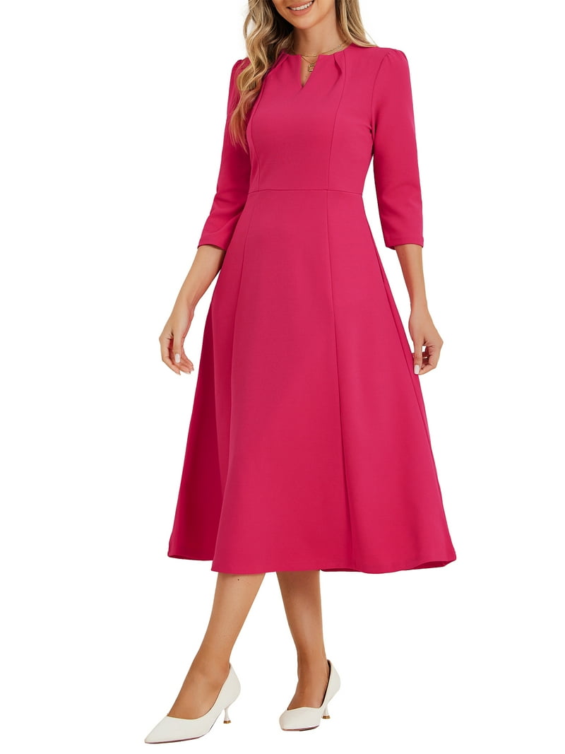 Inspire CHIC Women's Work Dress A Line 3/4 Sleeves Elegant Midi Dress Hot Pink S Inspire CHIC Women's Work Dress A Line 3/4 Sleeves Elegant Midi Dress Hot Pink S