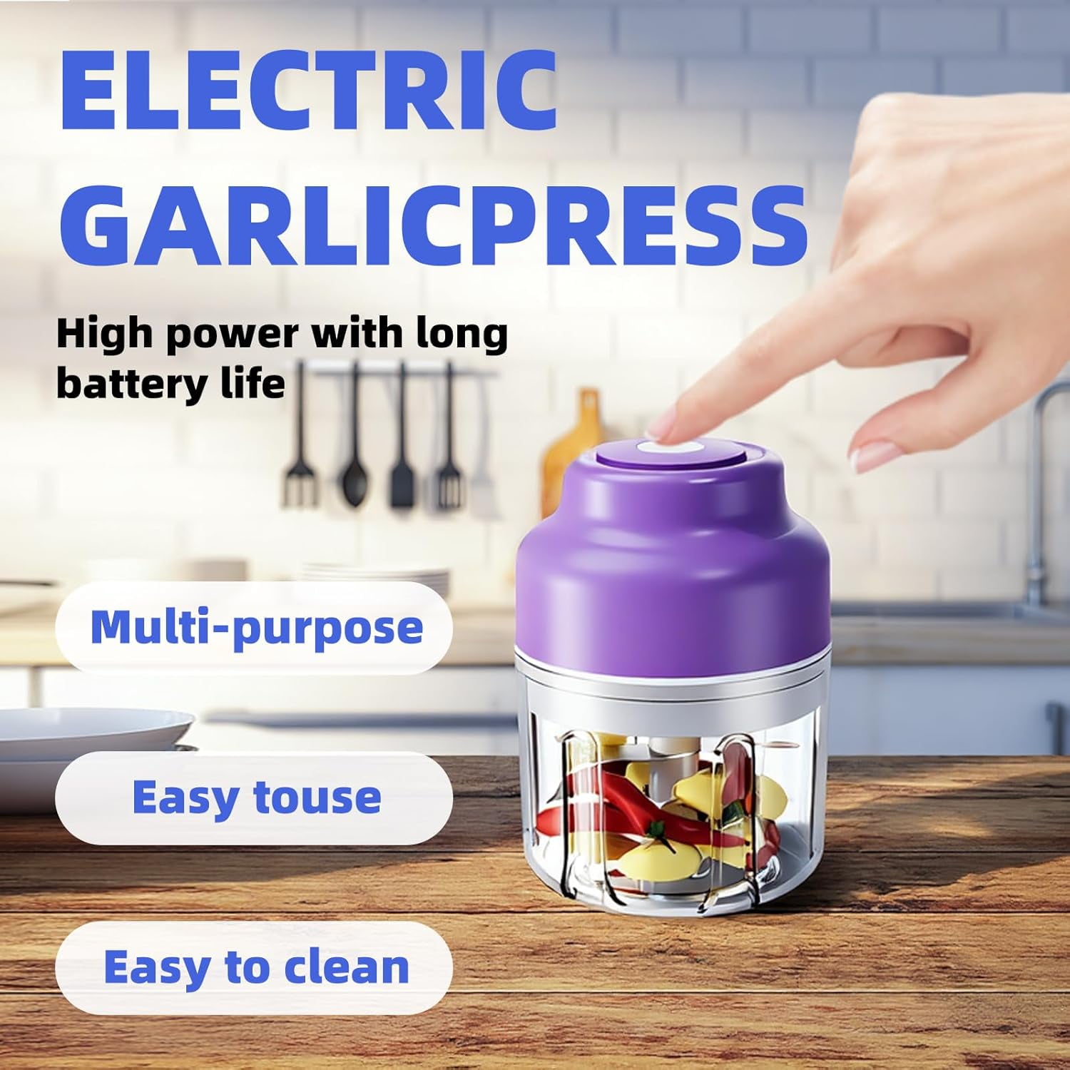 Electric Garlic Chopper，Portable Vegetable Chopper, Rechargeable, Food Processor, Suitable for Ginger, Chili Peppers, Fruits, and Meats